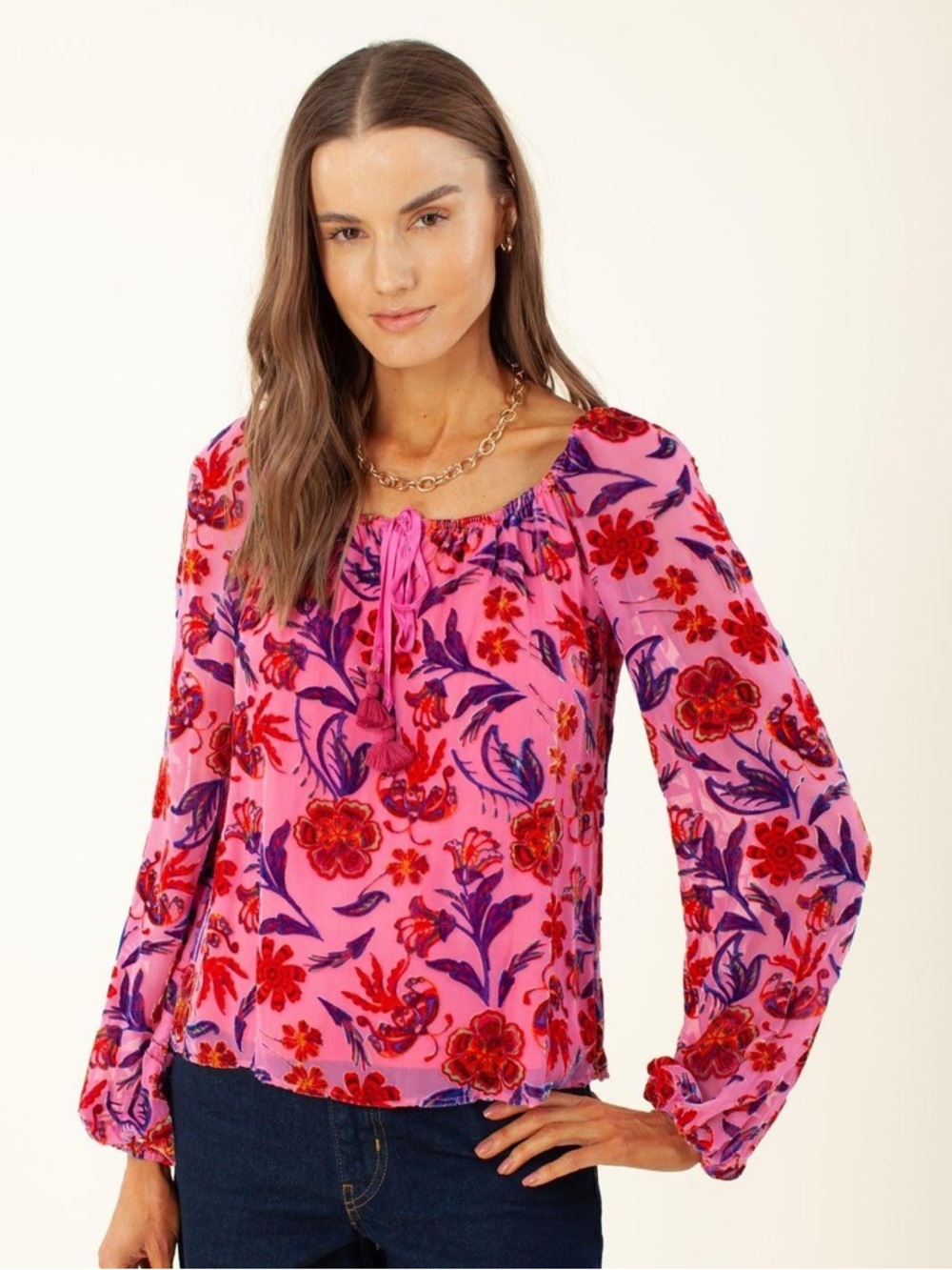 Hale Bob Delyse Velvet Burnout Floral Blouse Pink Silk Blend Keyhole Top Size M